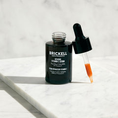 Brickell Men's Vitamin C Serum closeup ingredients, highlighting natural, organic formula.