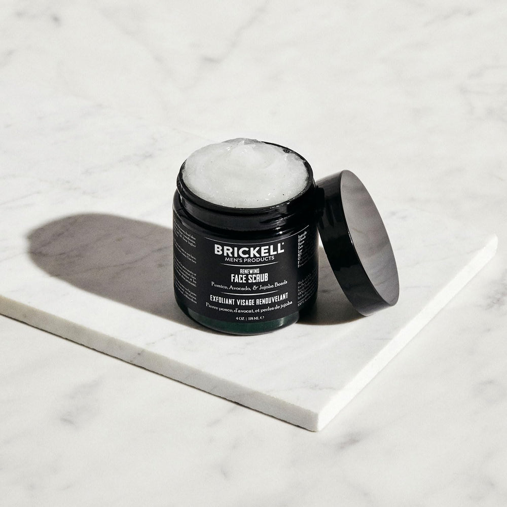 Brickell Renewing Face Scrub aloe-avocado ingredients suggest soothing nourishment during exfoliation.