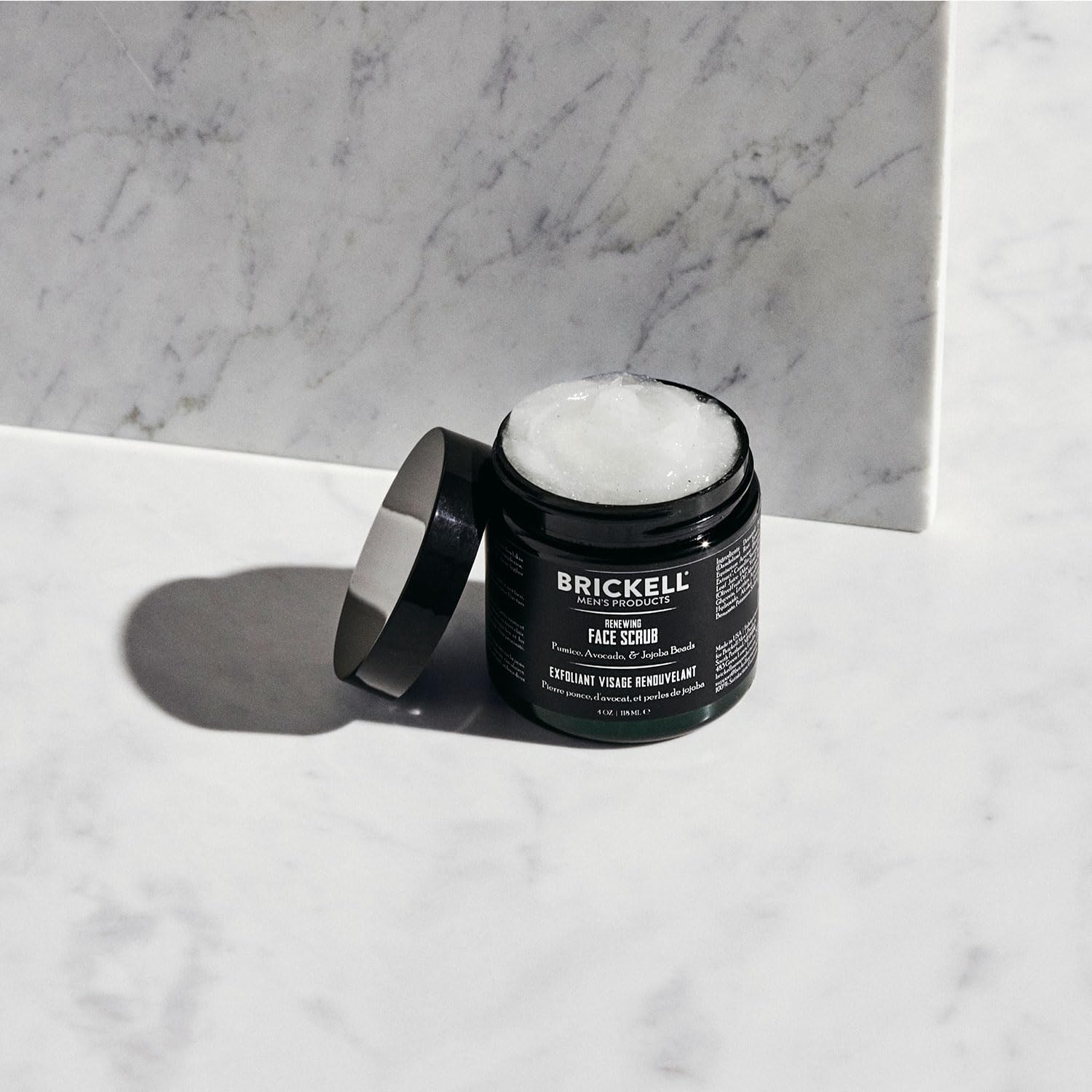 Brickell Renewing Face Scrub pre-shave-use shows whisker lifting for closer shave.