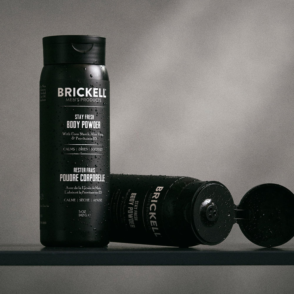 Brickell Stay Fresh powder application-dusting in action for comfort and chafe prevention.