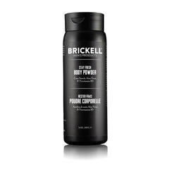 Brickell Stay Fresh Body Powder bottle demonstrates talc-free formula that absorbs sweat for dryness.