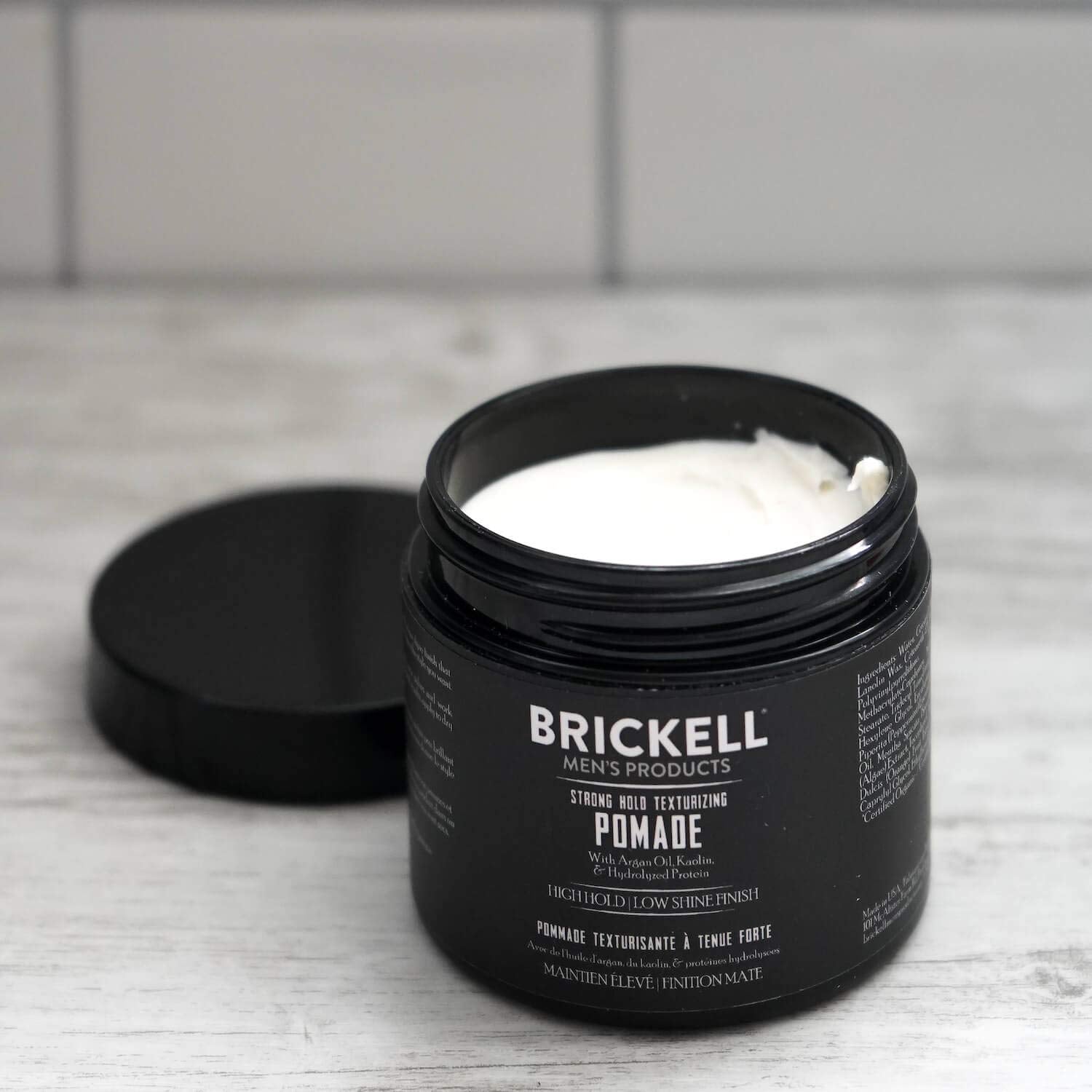 Brickell Strong Hold Pomade 2oz back-of-jar details.
