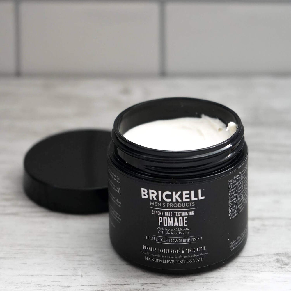 Brickell Strong Hold Pomade 2oz back-of-jar details.