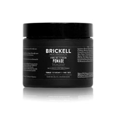 Brickell Strong Hold Pomade jar closeup highlighting texture and long-lasting hold.