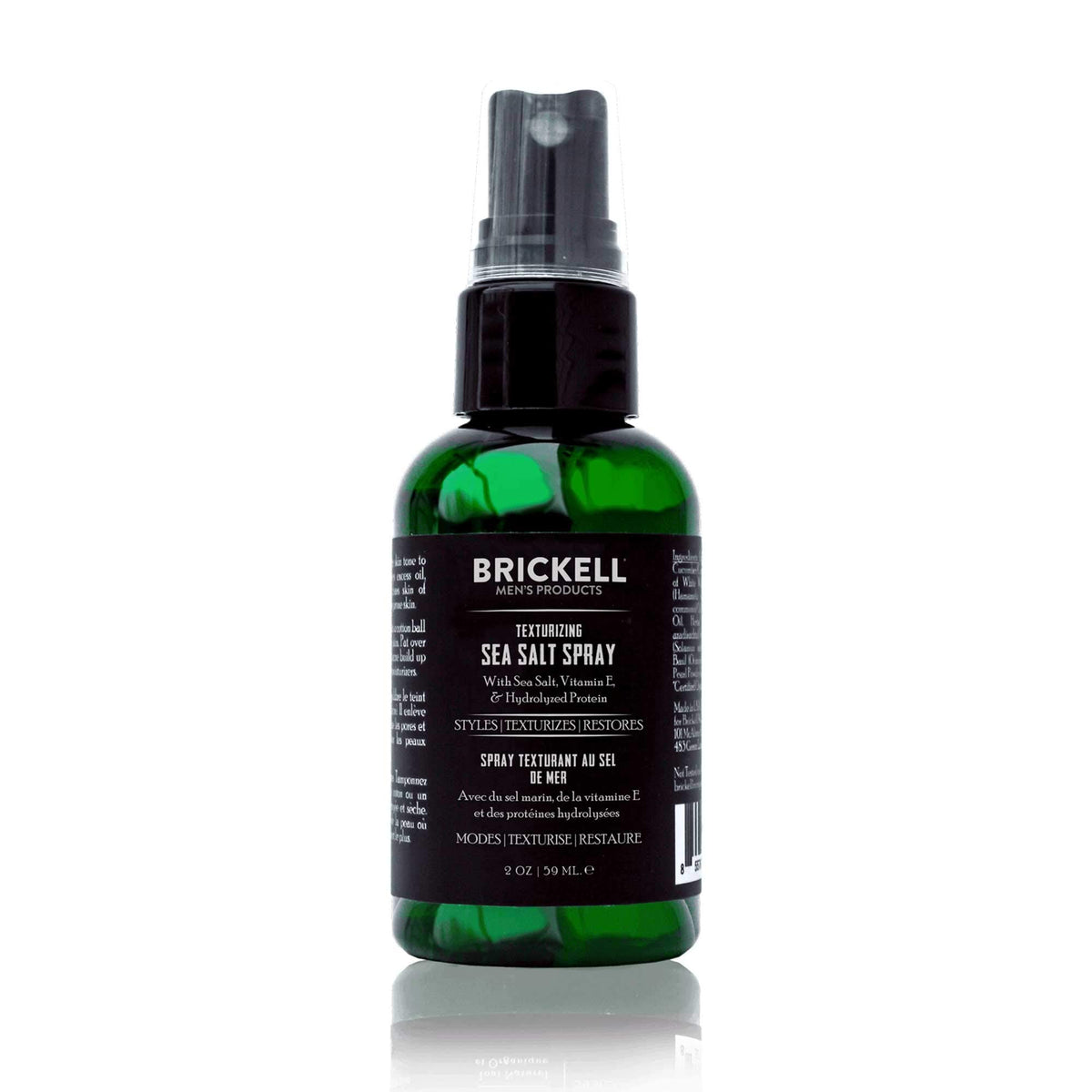 Brickell Men's Texturizing Sea Salt Spray bottle delivering natural lift for beach texture.