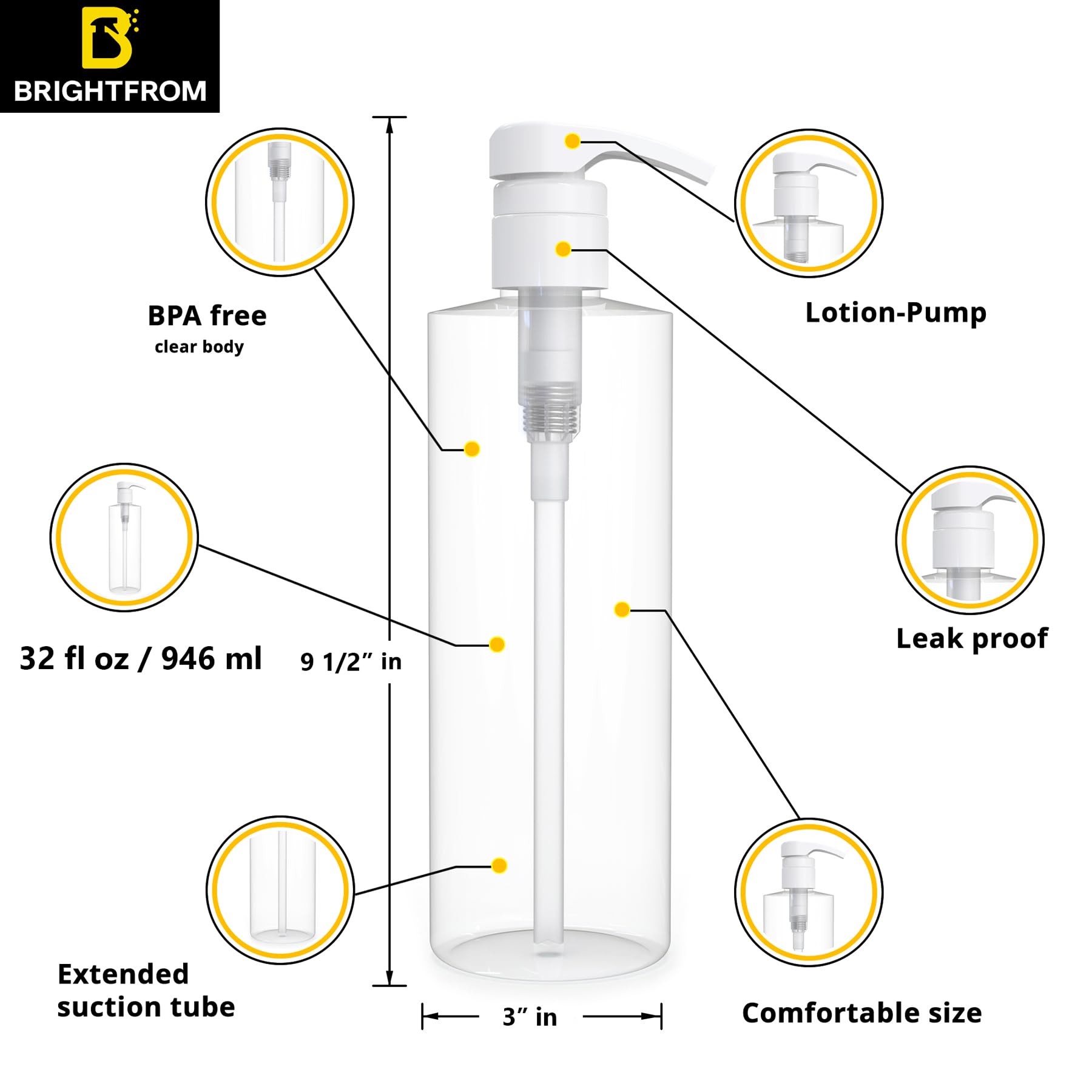 BRIGHTFROM Empty Shampoo Pump Bottles two-pack offers economical, reusable solution for households and salons.