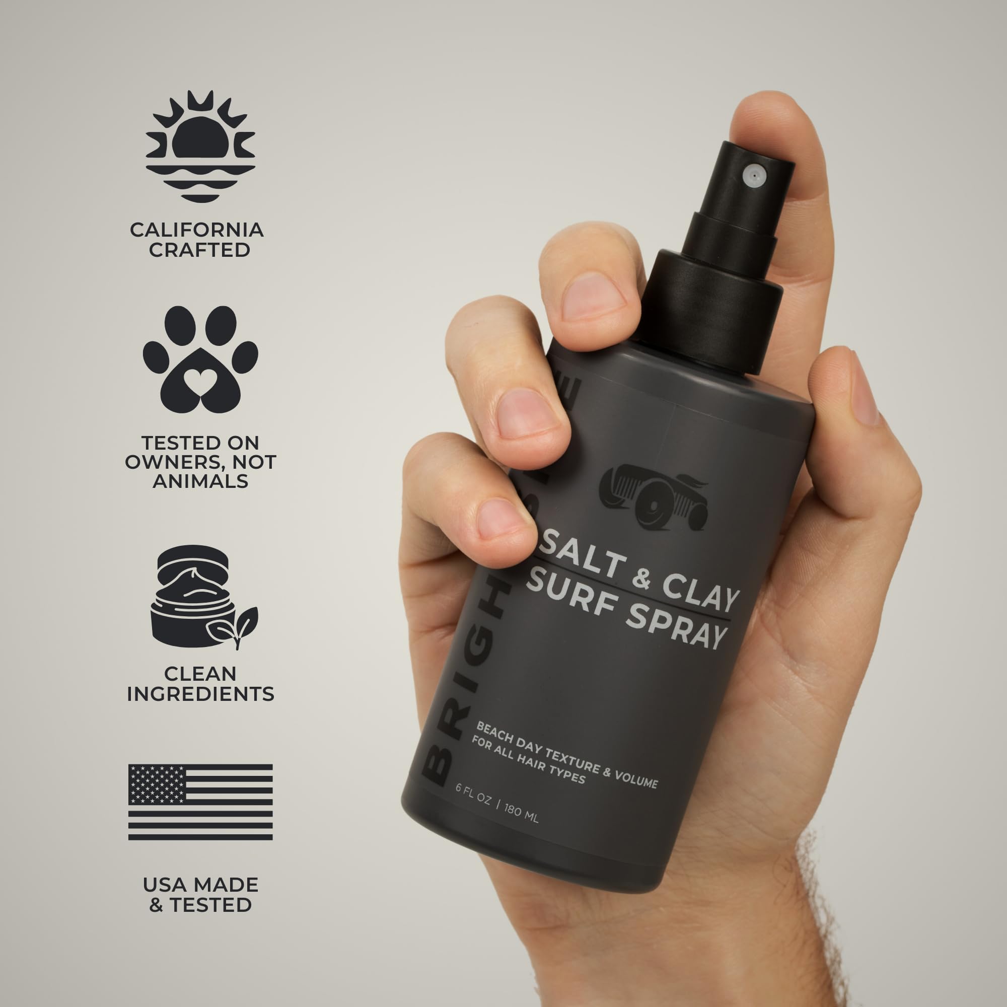 BRIGHTSIDE Surf Spray application in hands for even distribution and beach texture