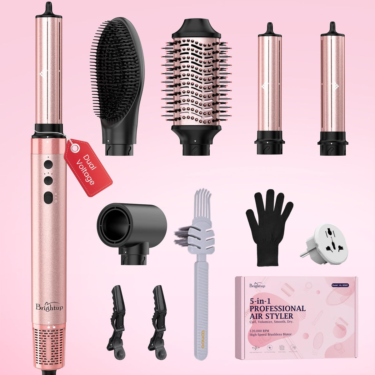 Brightup air wrap dual-voltage hair styler ideal for global travel and quick styling.