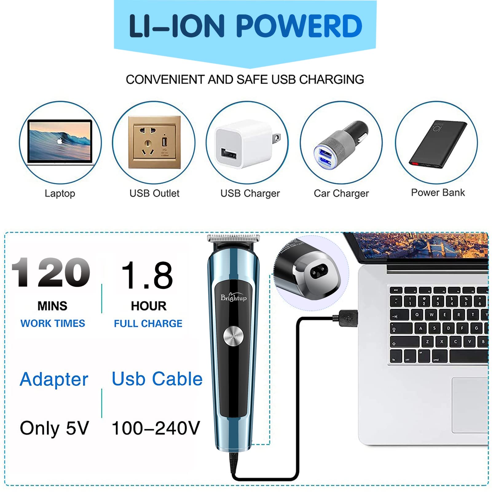 Brightup beard trimmer USB fast charging powers you up quickly on the go.