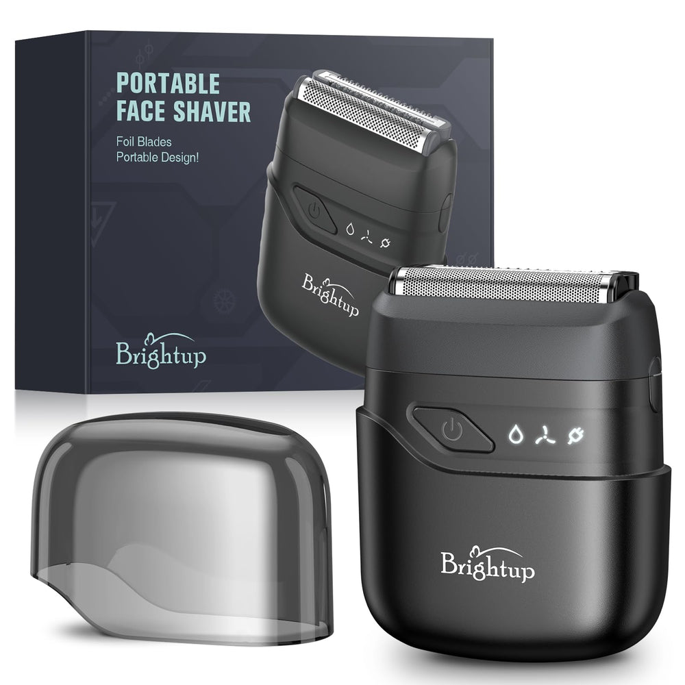Brightup electric foil shaver top view showing compact travel design