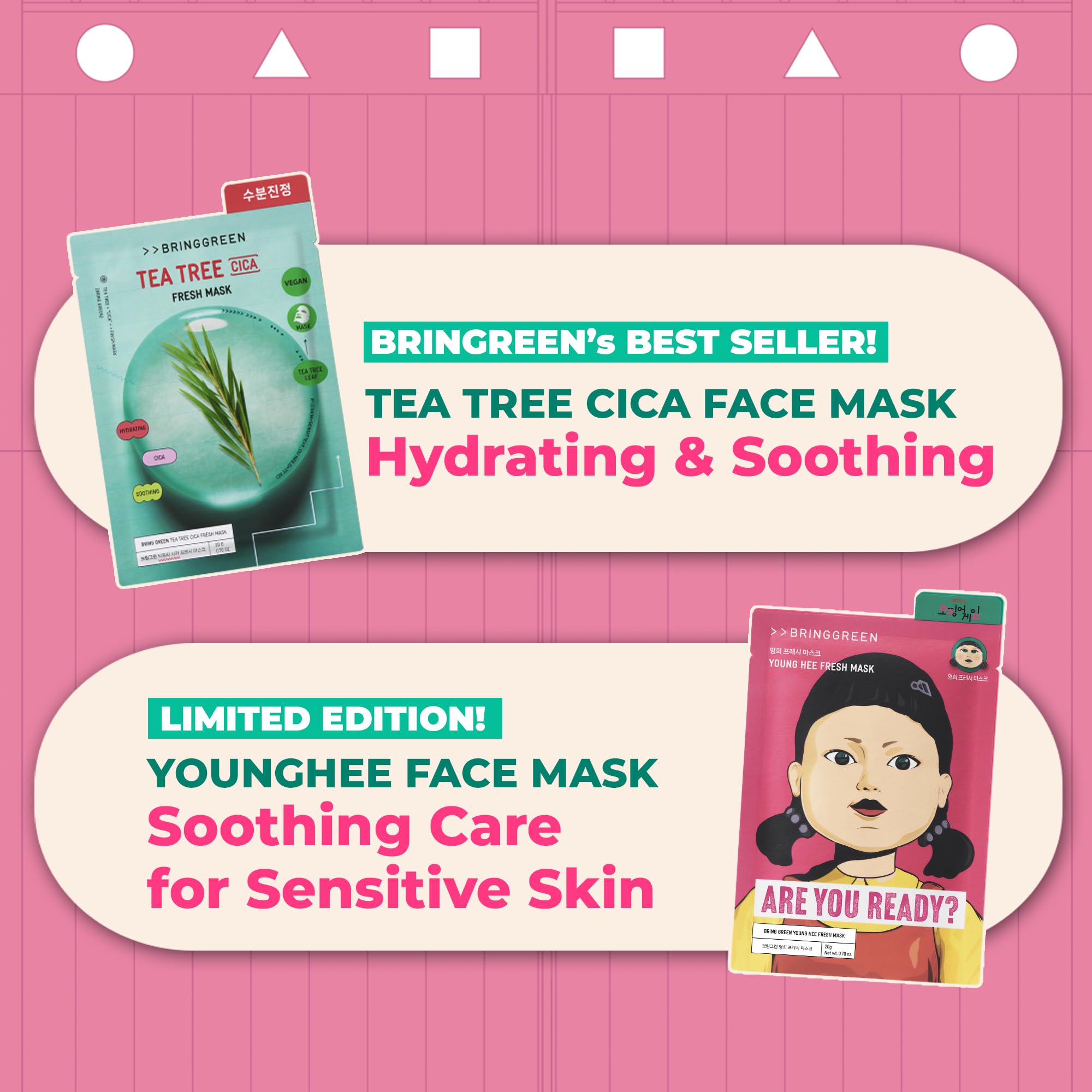 BRING GREEN Squid Game edition sheet mask application shows non-sticky, quick-absorption experience.