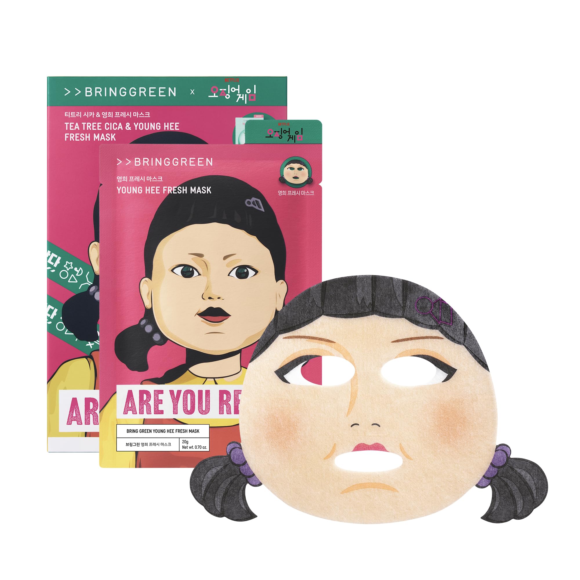 BRING GREEN Squid Game edition tea tree cica mask packet delivers calming hydration for sensitive skin.