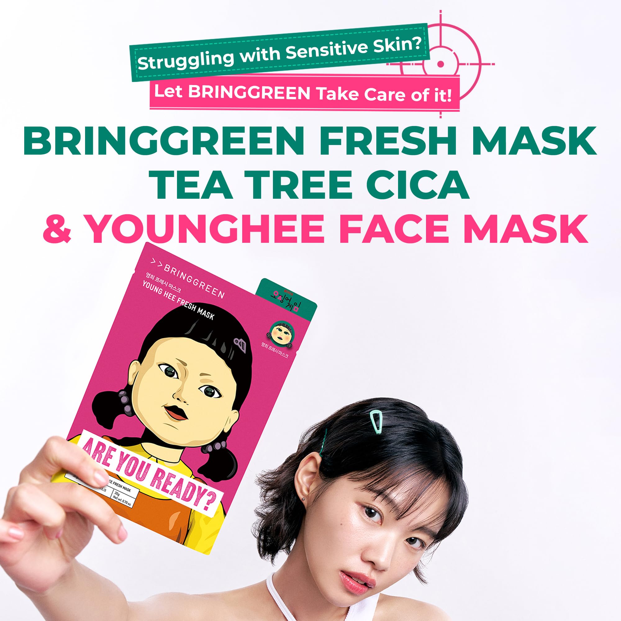 BRING GREEN Squid Game edition Younghee mask packet adds playful vibes with gentle hydration.