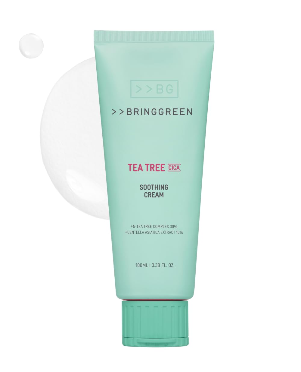 BRING GREEN Tea Tree Cica Cream packaging showcases calm, hydrating skincare for irritated skin.