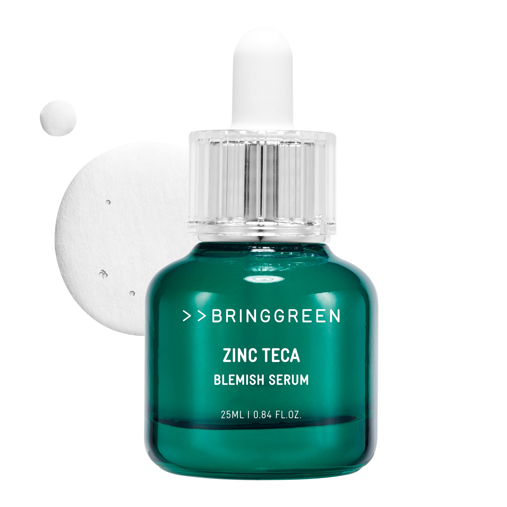 BRING GREEN Zinc Teca Serum bottle on vanity showing soothing formula for sensitive skin