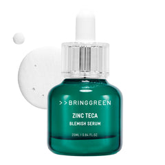 BRING GREEN Zinc Teca Serum bottle on vanity showing soothing formula for sensitive skin