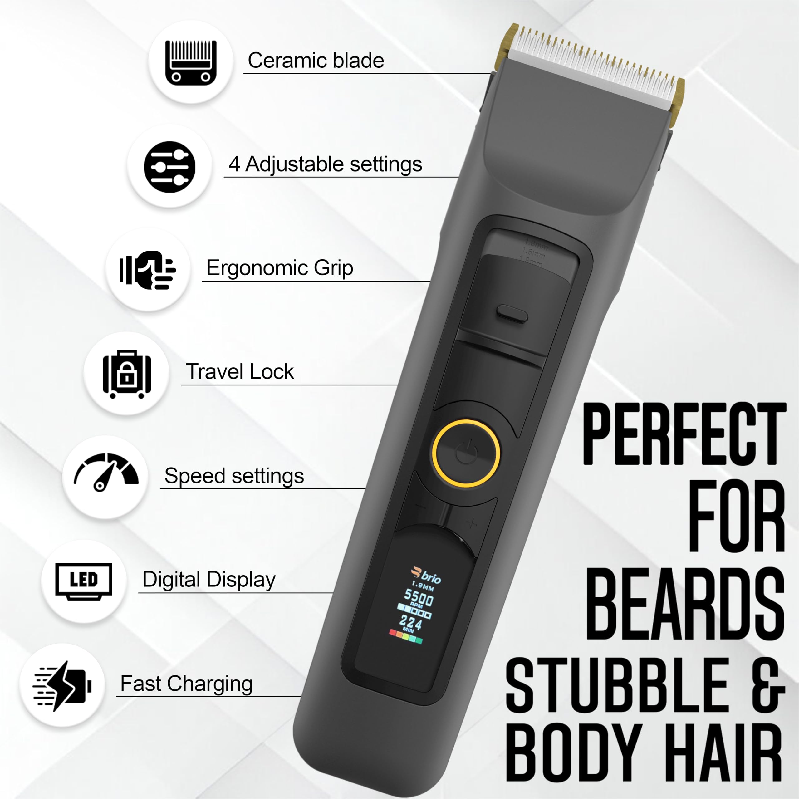 Brio Beardscape V2 trimmer on stand highlighting premium design