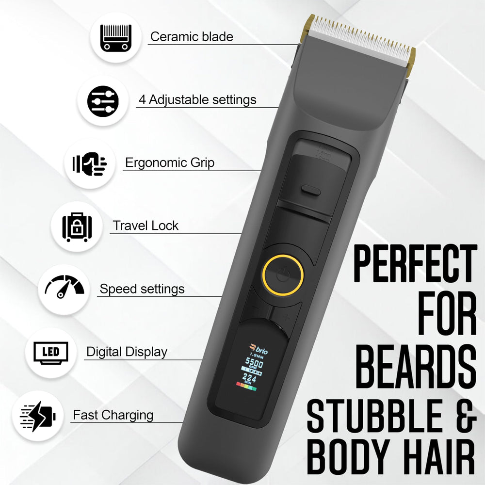 Brio Beardscape V2 trimmer on stand highlighting premium design