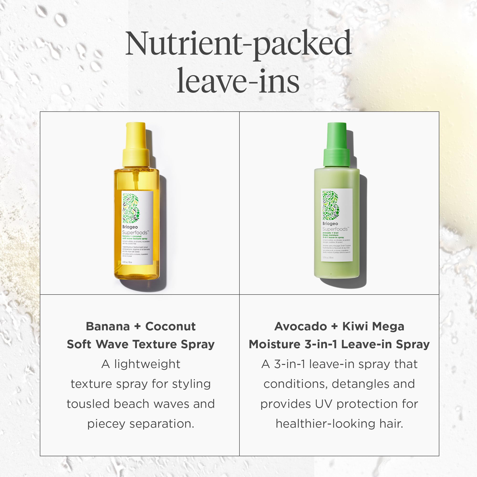 Briogeo Avocado Kiwi leave-in spray application on damp hair demonstrates detangling.