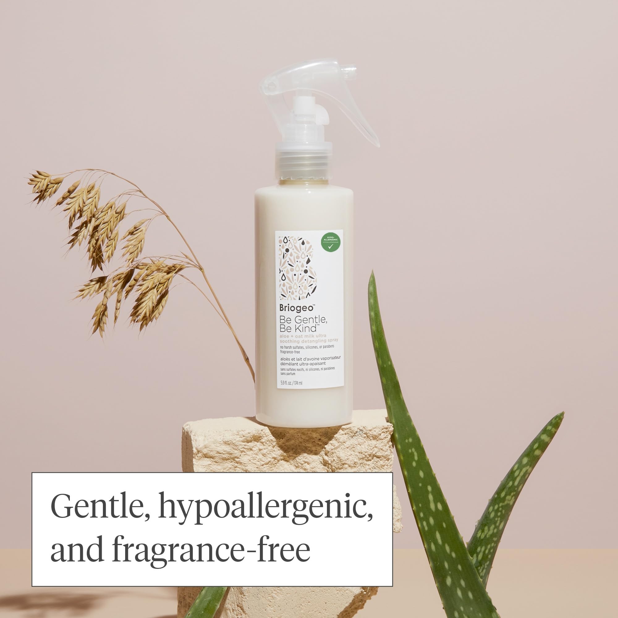 Briogeo Be Gentle Be Kind bottle close-up shows ingredients