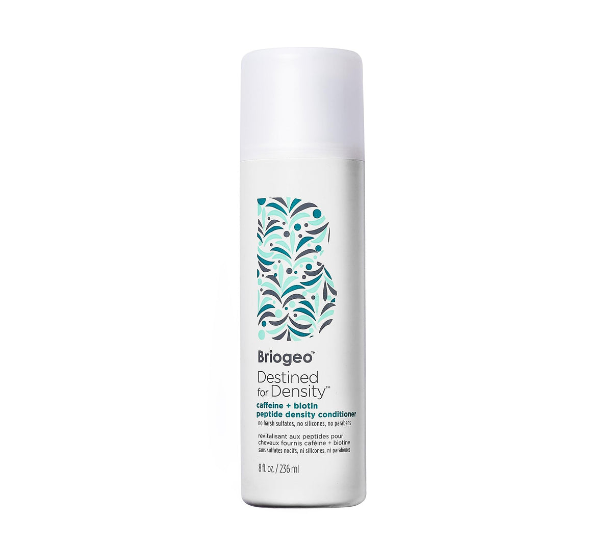 Briogeo Destined For Density bottle closeup showing caffeine peptide formula for fuller-looking hair.