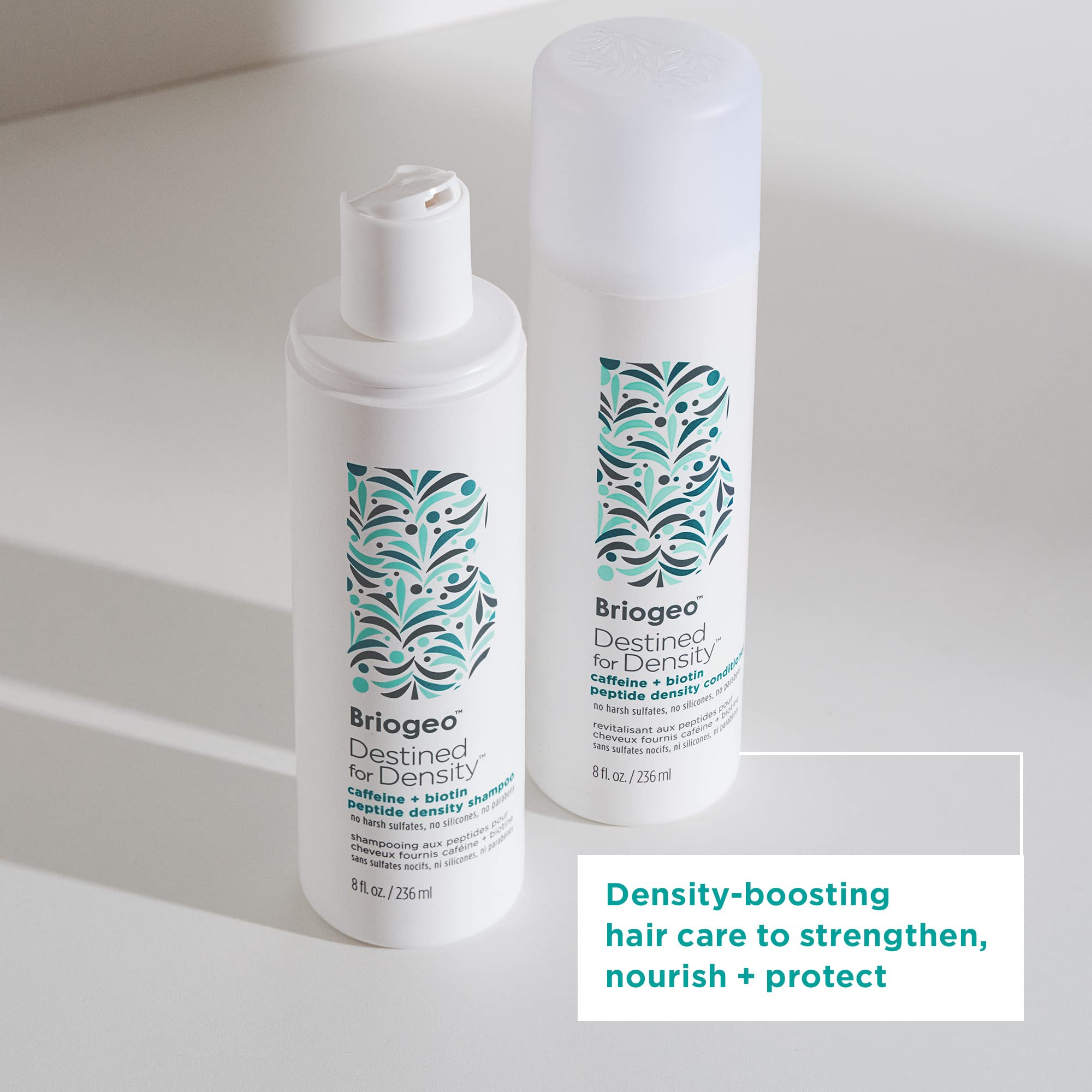 Briogeo Destined For Density hair-application scene emphasizes scalp-friendly, non-greasy hydration.