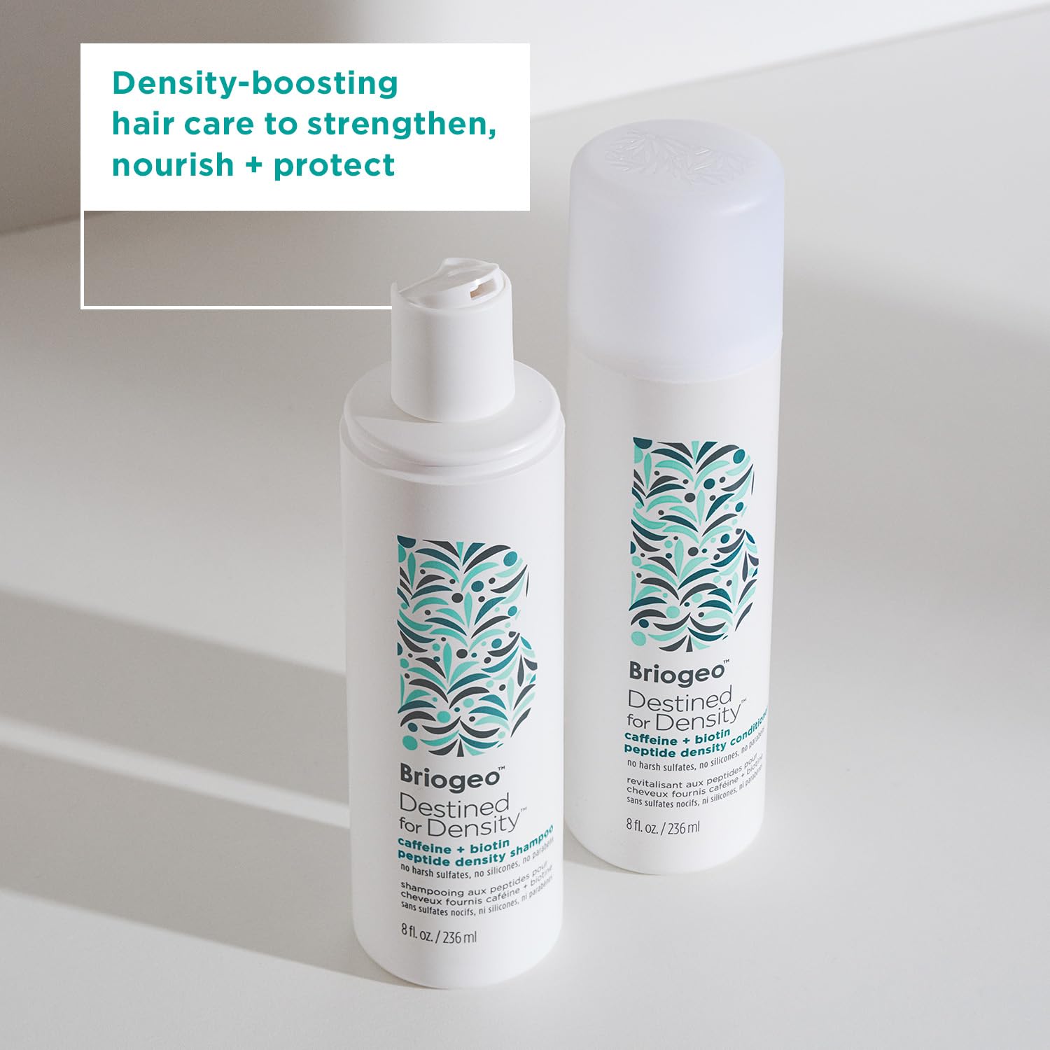 Briogeo Destined For Density label panel highlights vegan and cruelty-free status.