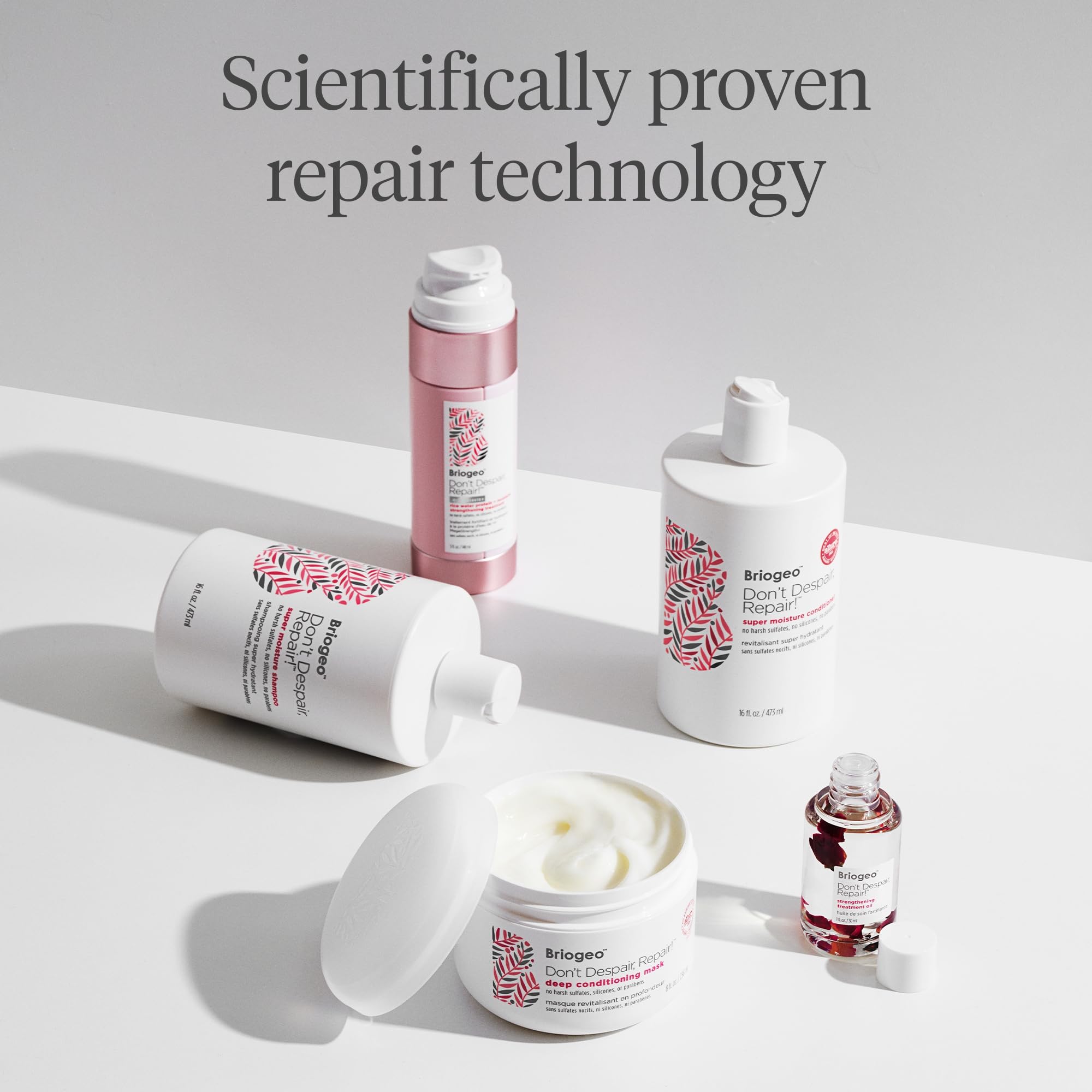 Close-up of Briogeo Don't Despair, Repair! label emphasizes protein-rich formula