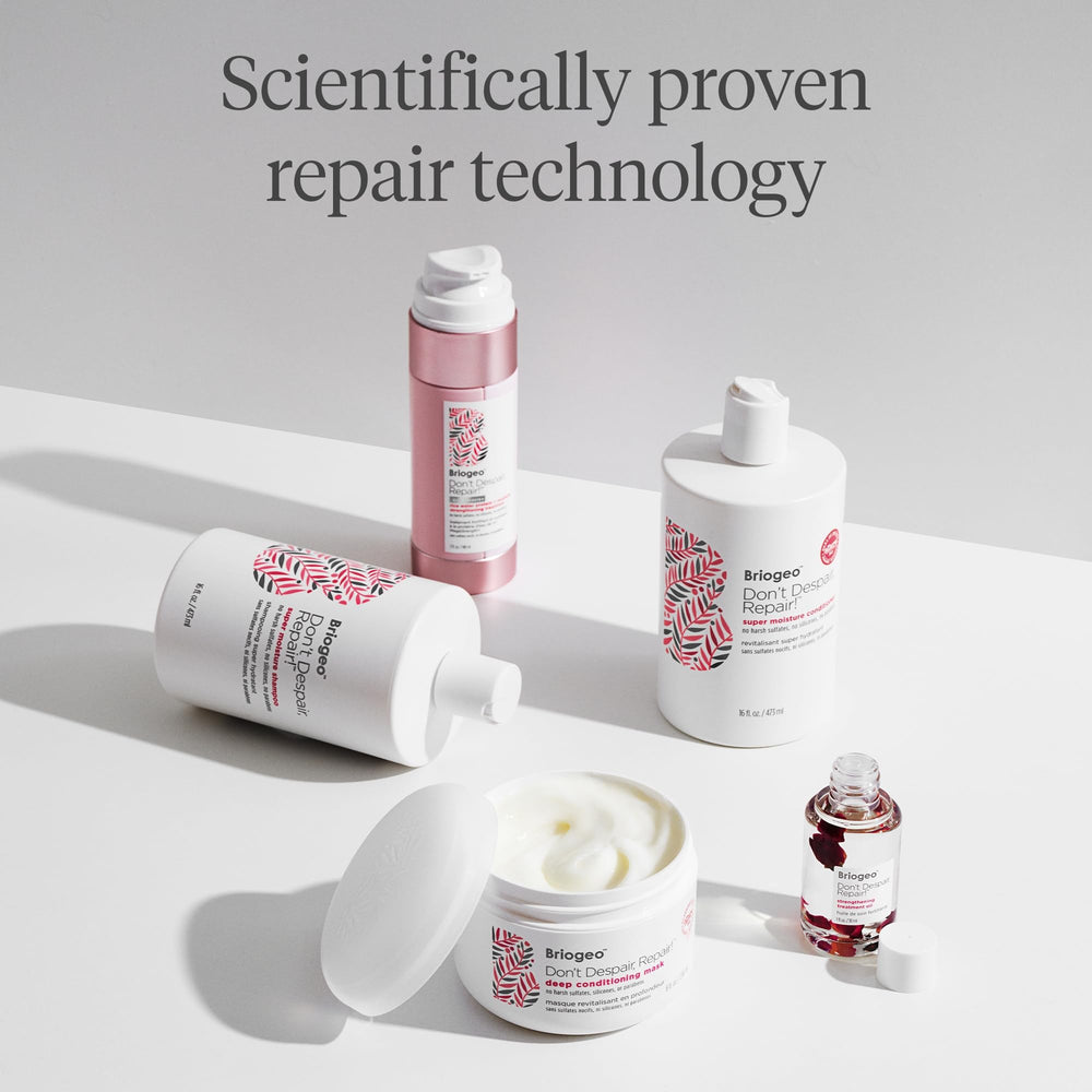 Close-up of Briogeo Don't Despair, Repair! label emphasizes protein-rich formula