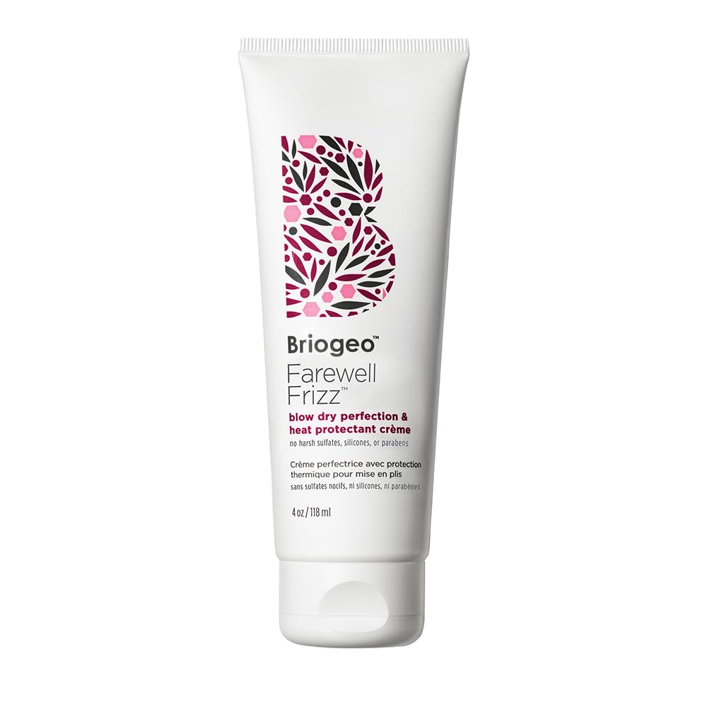 Briogeo Farewell Frizz heat protectant bottle shows heat protection up to 450°F for a smooth blowout.