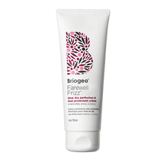 Briogeo Farewell Frizz heat protectant bottle shows heat protection up to 450°F for a smooth blowout.