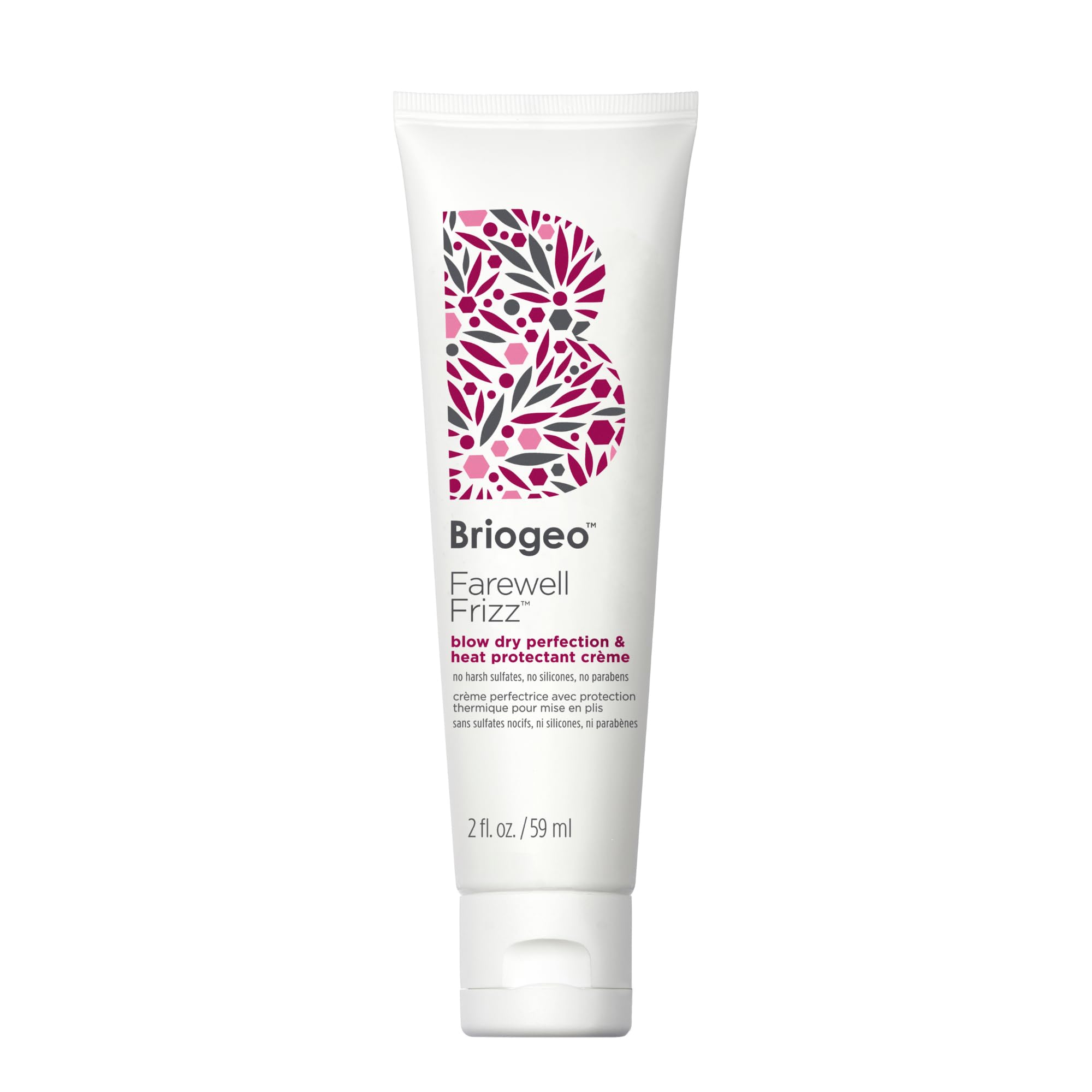Briogeo Farewell Frizz heat-protectant cream bottle ready for smooth, frizz-free styling.