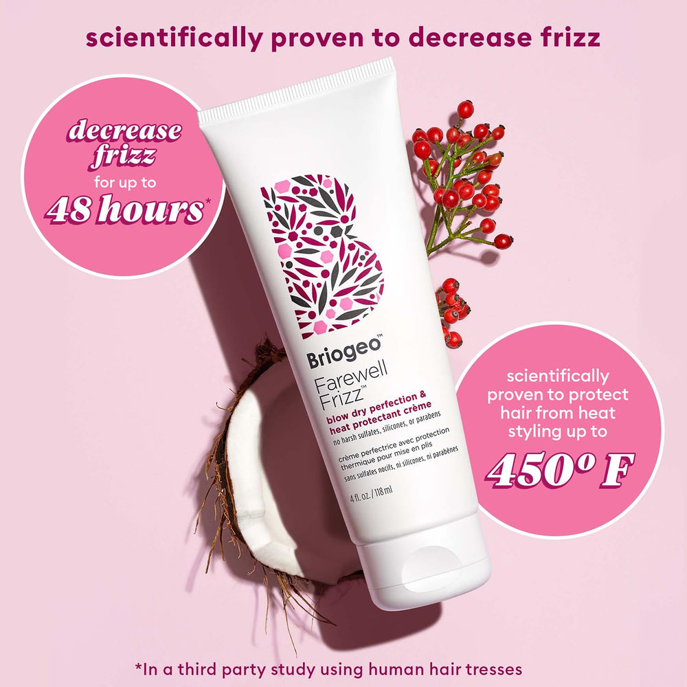 Briogeo Farewell Frizz heat protectant on palm ready for application.