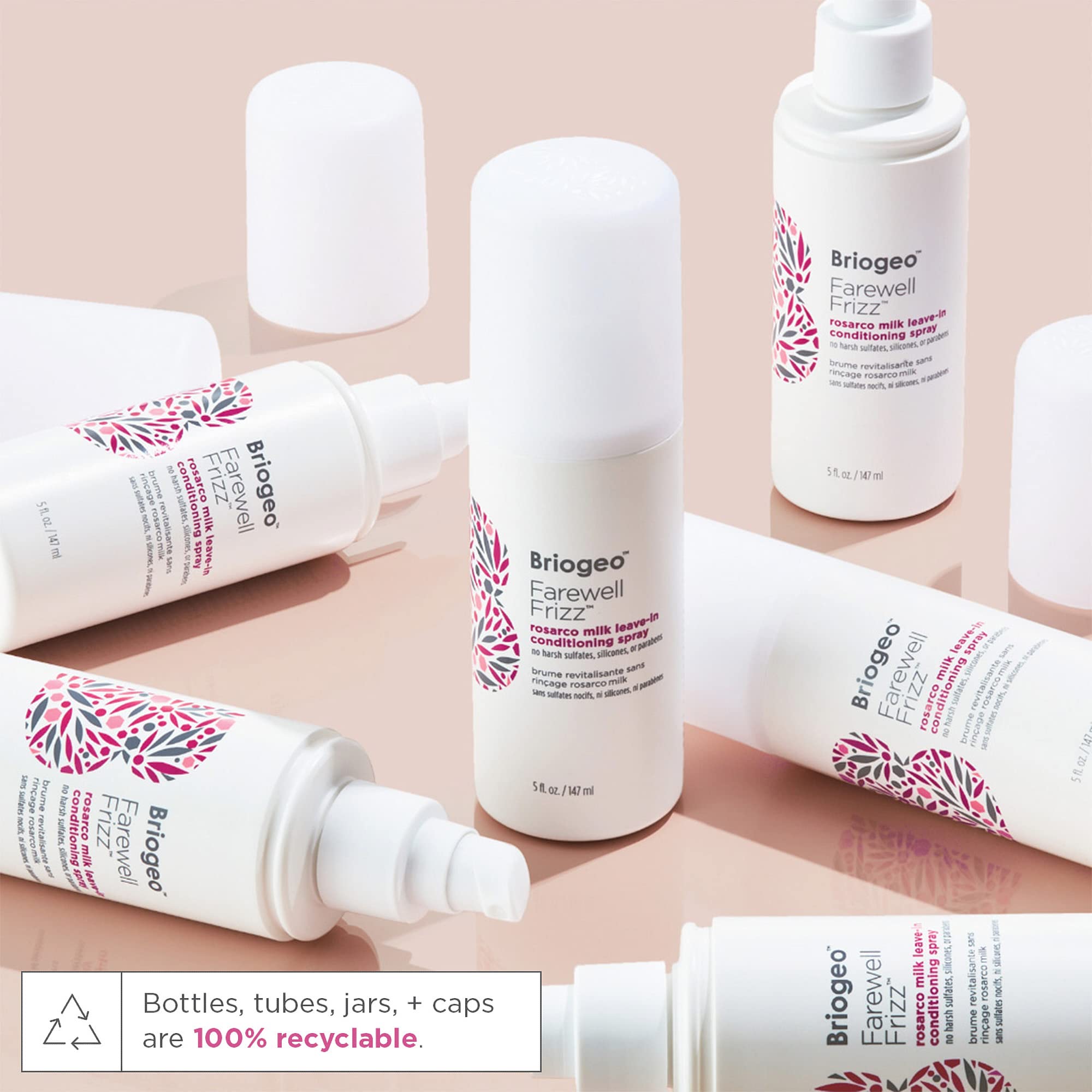 Briogeo Farewell Frizz Rosarco Milk 5oz bottle ready for daily use.