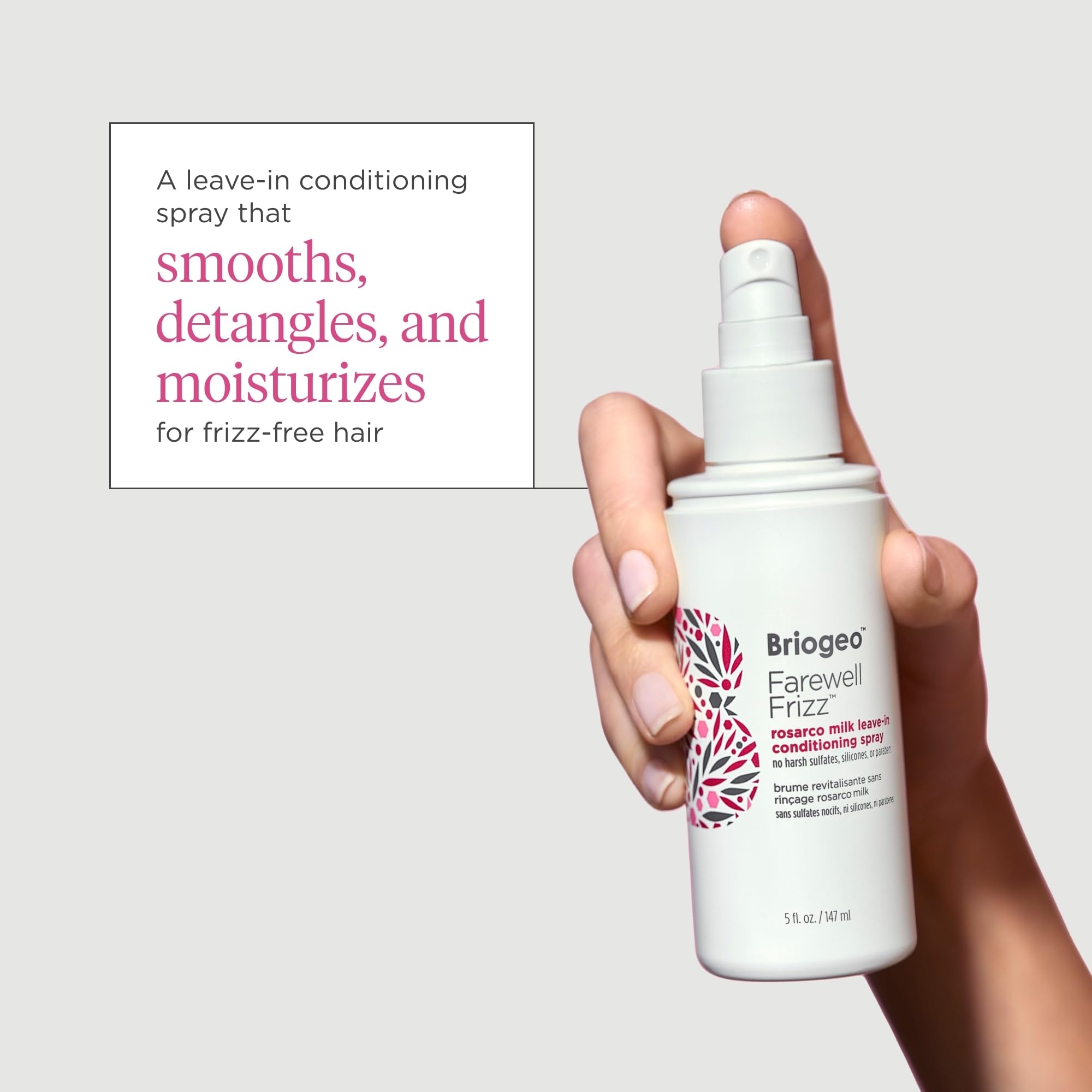 Briogeo Farewell Frizz Rosarco Milk application scene promises detangling ease.