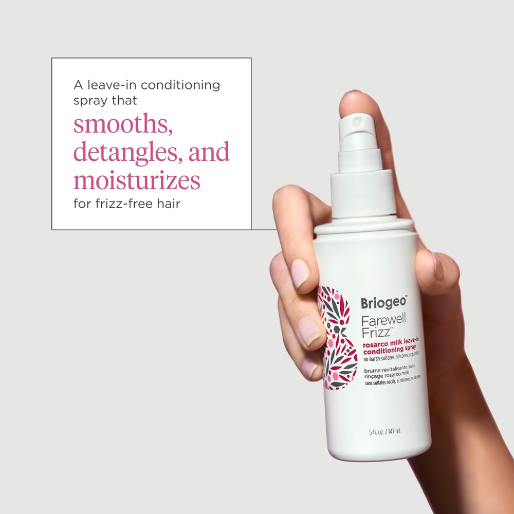 Briogeo Farewell Frizz Rosarco Milk application scene promises detangling ease.
