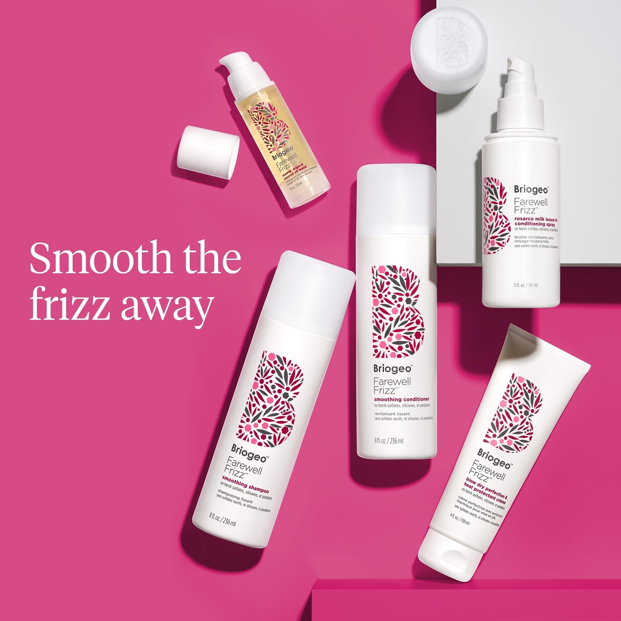 Briogeo Farewell Frizz Rosarco Milk spray on curls exemplifies detangling and shine.