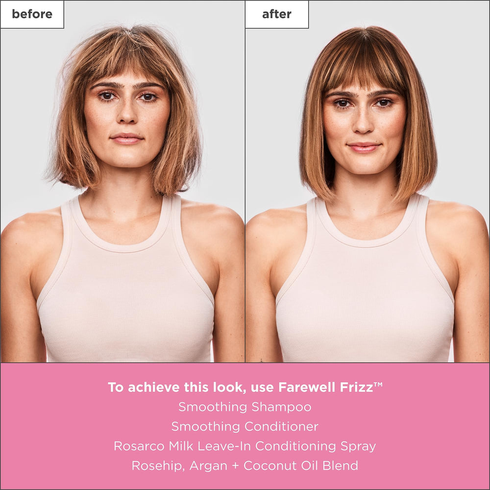 Briogeo Farewell Frizz bottle close-up highlighting rosehip and argan formula