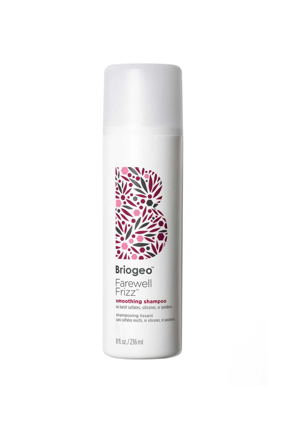Briogeo Farewell Frizz Shampoo bottle shows frizz control and shine for sleek results.
