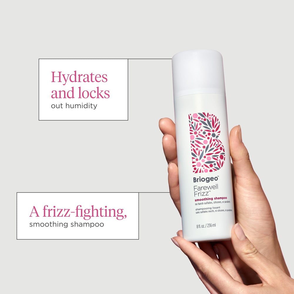 Briogeo Farewell Frizz Shampoo on damp hair shows smooth, conditioned strands after wash.