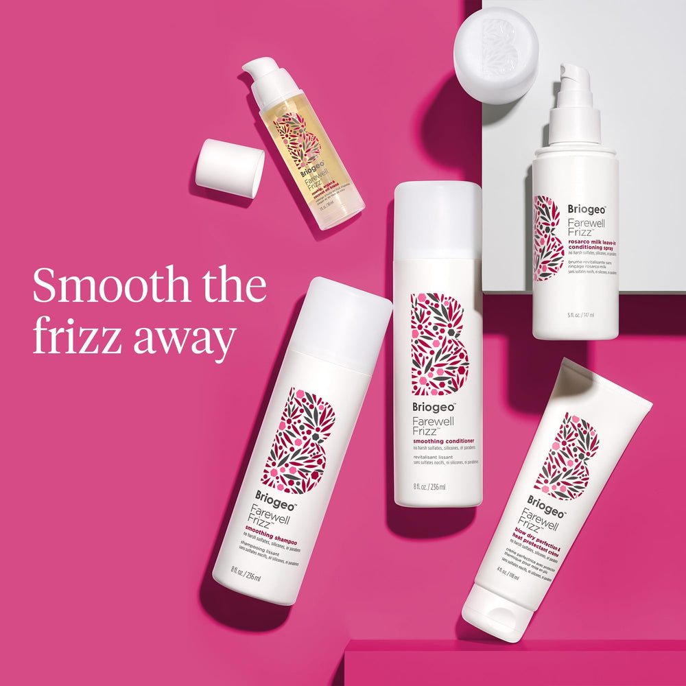 Briogeo Farewell Frizz Shampoo Vitamin E imagery highlights moisture replenishment.