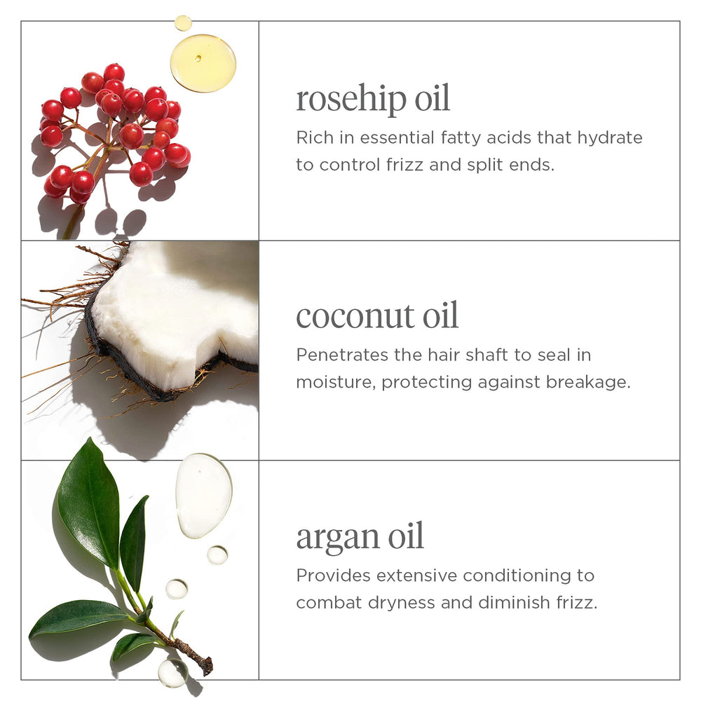 Briogeo Farewell Frizz Rosarco Milk rosehip oil close-up emphasizes moisture.