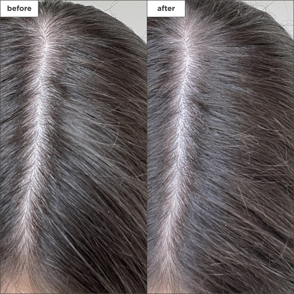 Briogeo Scalp Revival applying powder on scalp for quick refresh between washes.