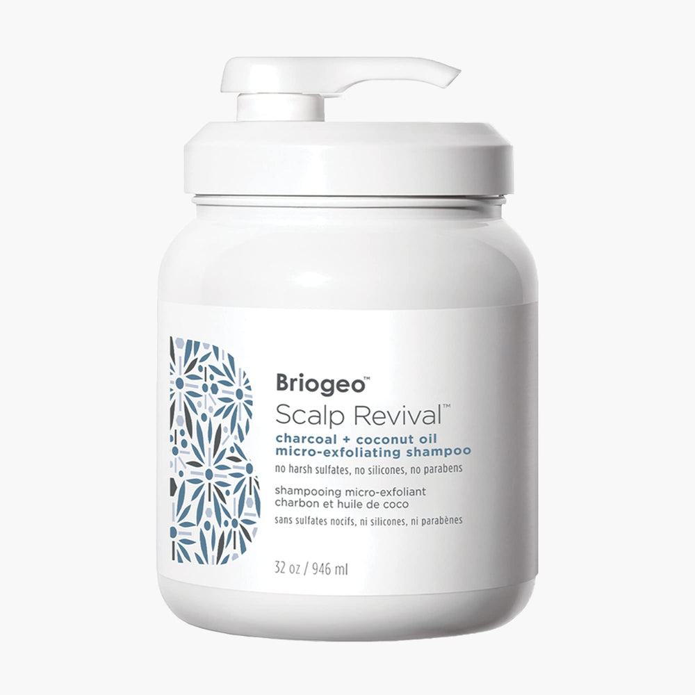 Briogeo Scalp Revival charcoal-coconut bottle showcases detoxifying scalp care.