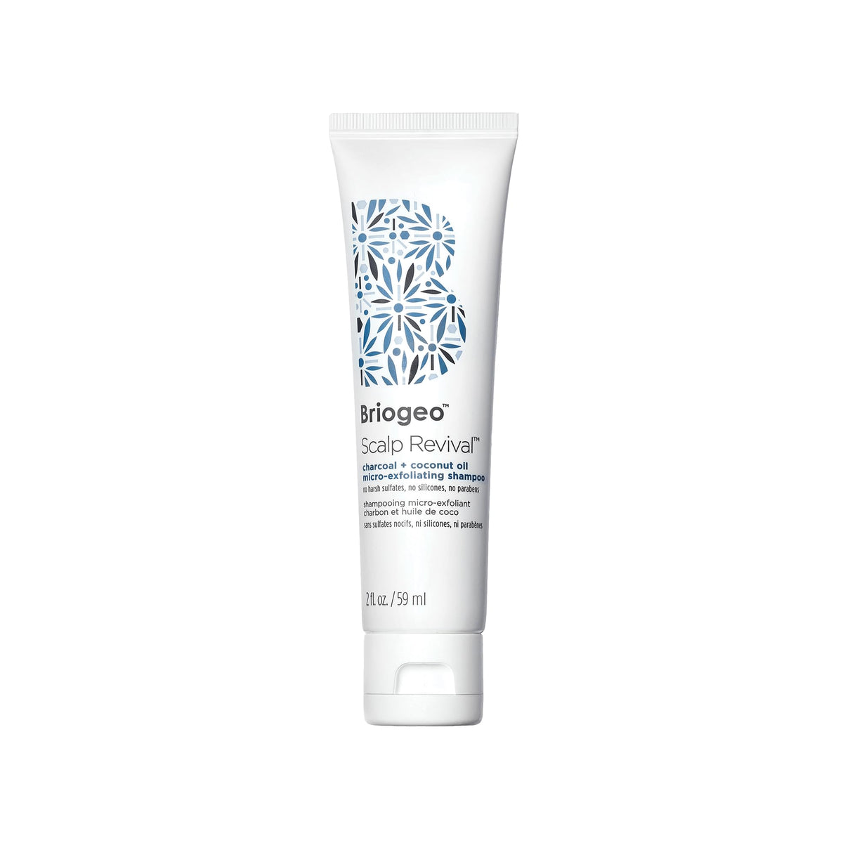 Briogeo Scalp Revival bottle with charcoal swirl suggests detoxified scalp and refreshed strands