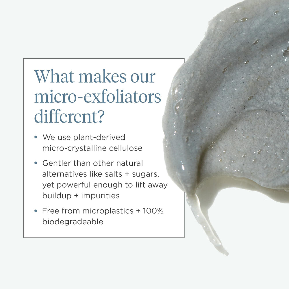 Briogeo Scalp Revival microcrystalline-cellulose particles highlight gentle exfoliation.