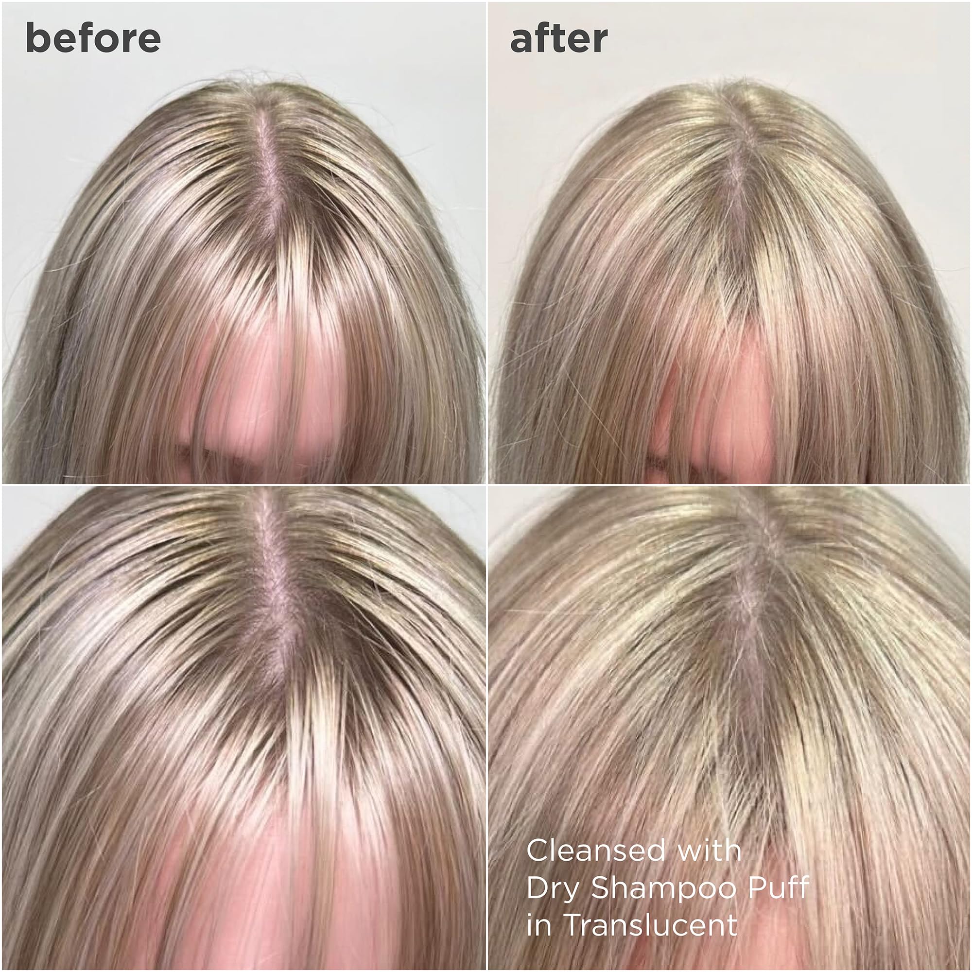 Briogeo Style & Treat Dry Shampoo Puff application close-up demonstrates targeted root refresh.