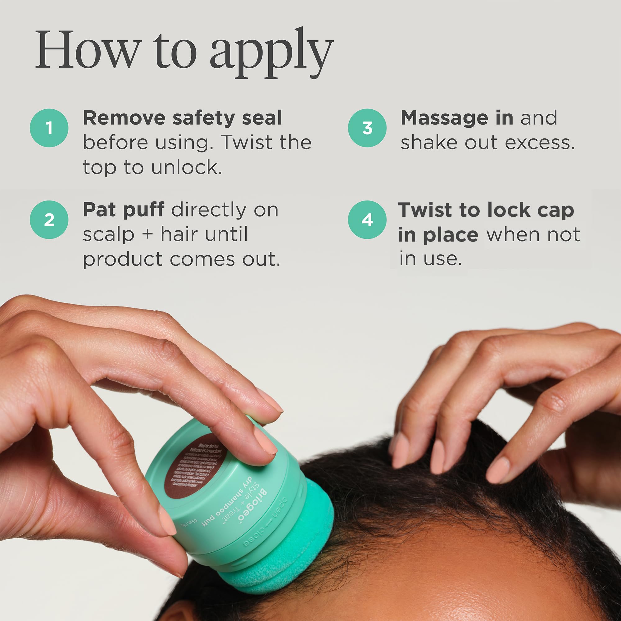 Briogeo Style & Treat Dry Shampoo Puff on roots shows no white residue.