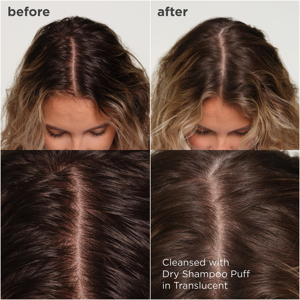 Briogeo Style & Treat Dry Shampoo Puff powder texture up close highlights translucent finish.