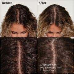 Briogeo Style & Treat Dry Shampoo Puff powder texture up close highlights translucent finish.